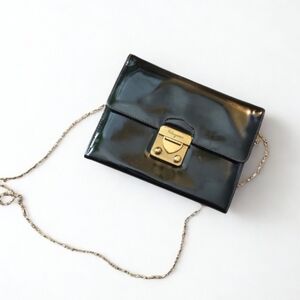 Salvatore Ferragamo Black Patent Leather Clutch with Gold Chain